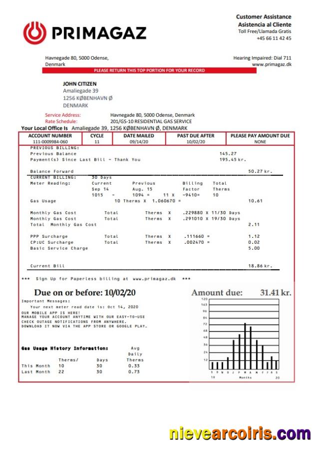 Denmark Primagaz Denmark gas utility bill